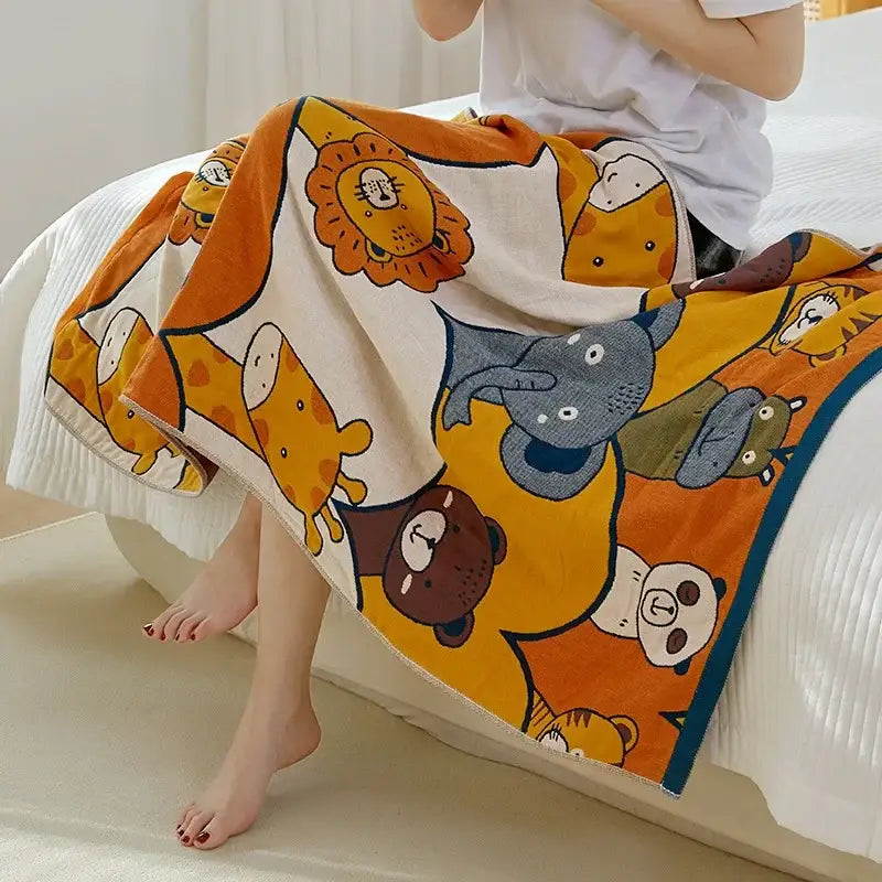 Cartoon cat and dog cotton gauze bath towel for bathroom