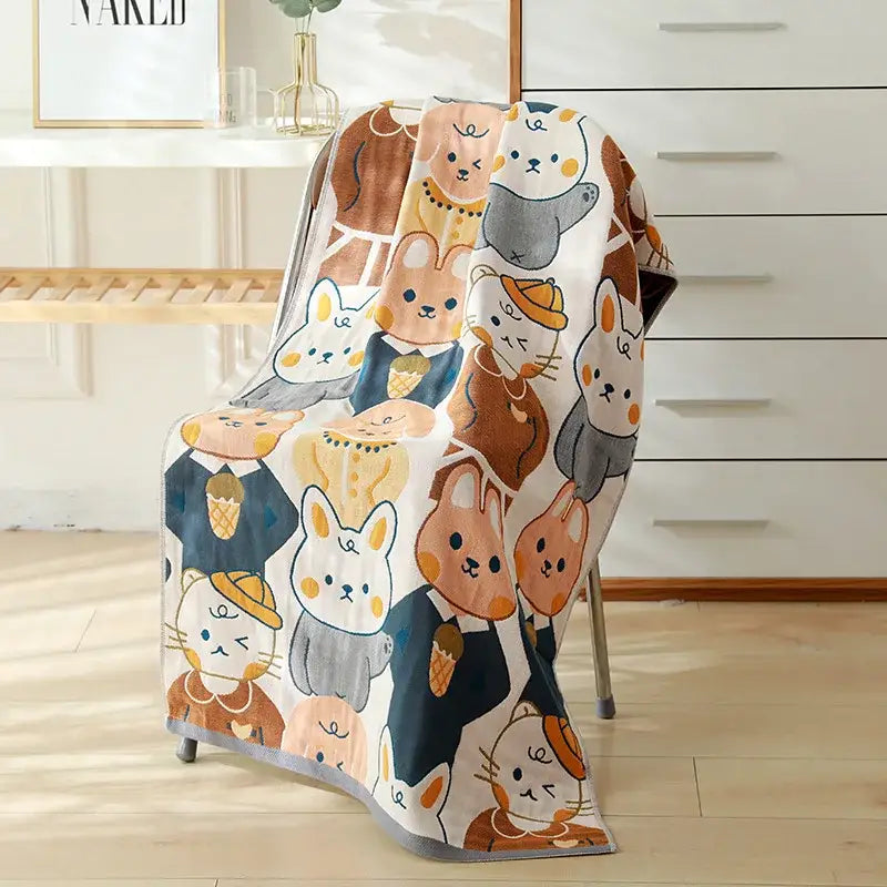 Cartoon cat and rabbit cotton gauze bath towel for bedroom and nursery