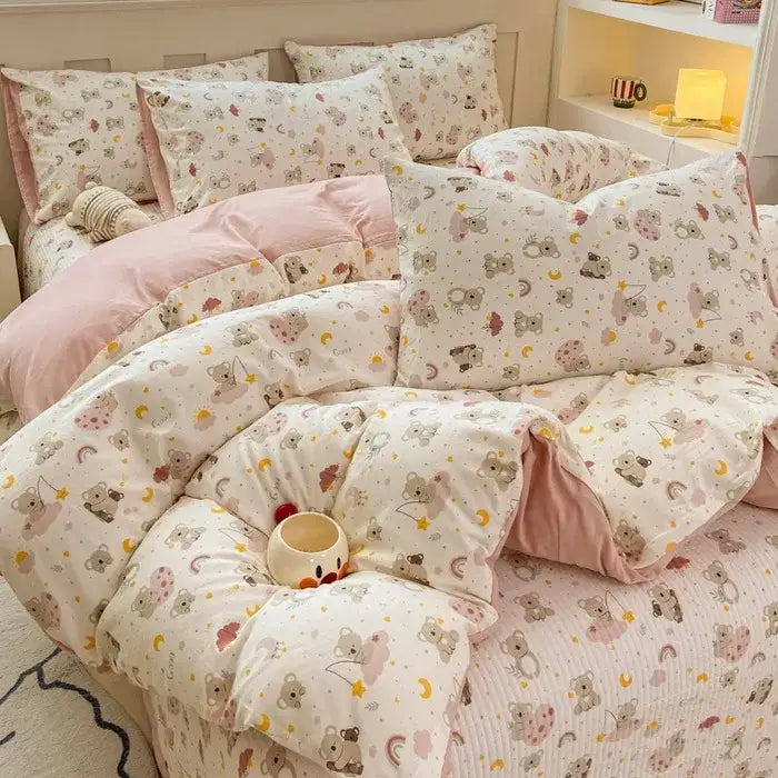 Cartoon cat floral pink cotton duvet set bedroom bedding