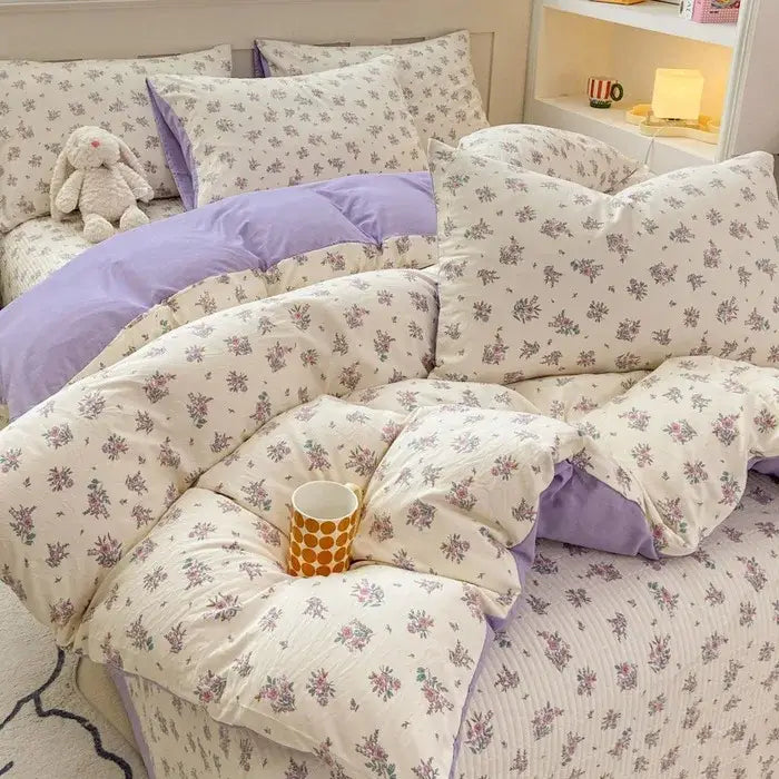 Cartoon cat pink floral cotton duvet cover set bedroom bedding