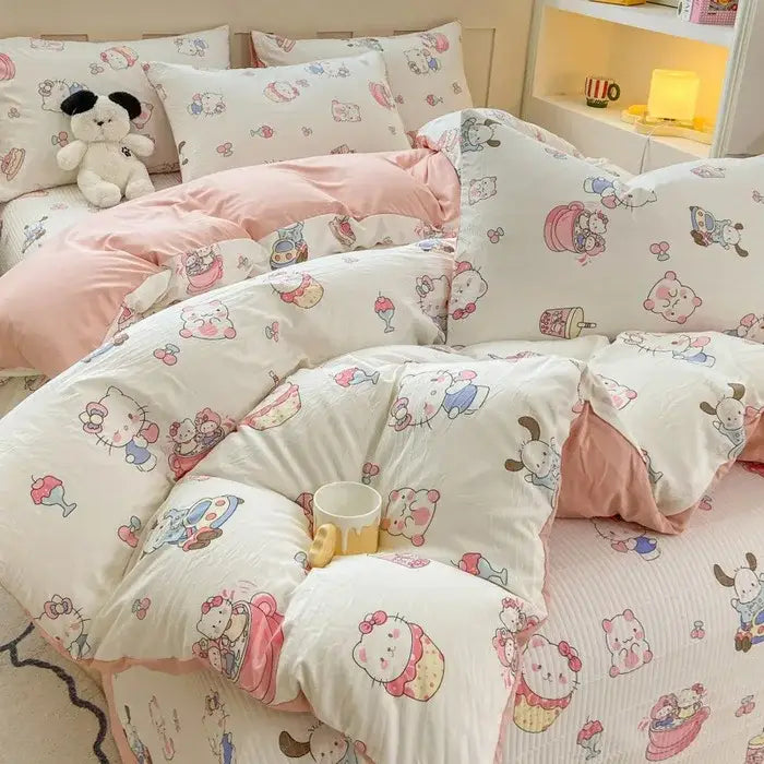 Cartoon cat pink floral cotton duvet cover set bedroom bedding