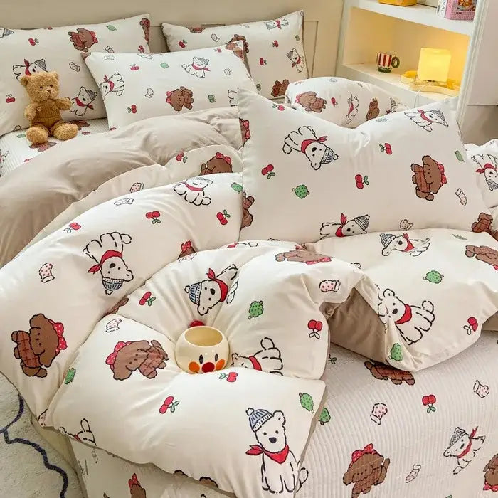 Cartoon cat pink floral cotton duvet cover set bedroom bedding