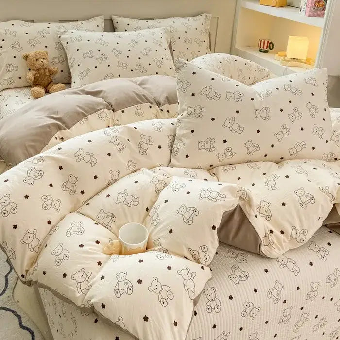 Cartoon cat pink floral cotton duvet cover set bedroom bedding