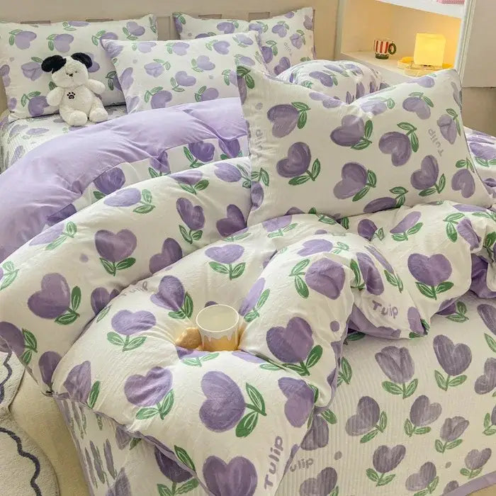 Cartoon cat pink floral cotton duvet cover set bedroom bedding