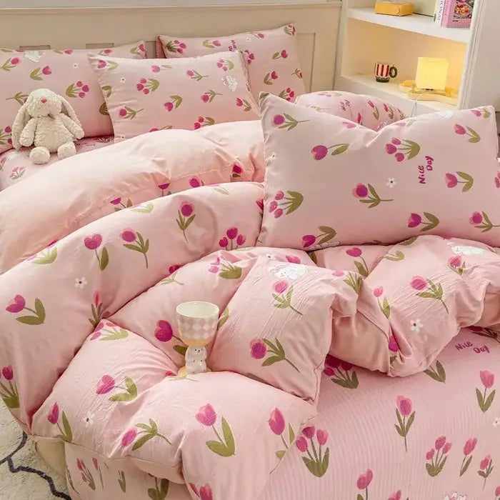 Cartoon cat pink floral cotton duvet cover set bedroom bedding