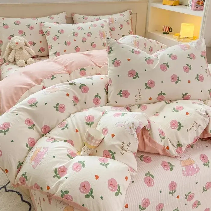 Cartoon cat pink floral cotton duvet cover set bedroom bedding
