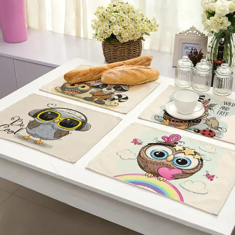 Cartoon cute owl animal dining table placemats set of 6 kitchen mats
