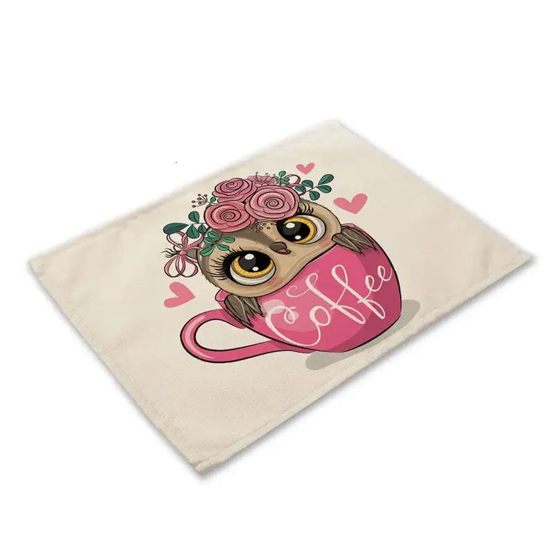 Cartoon cute owl animal dining table placemats set of 6 kitchen mats