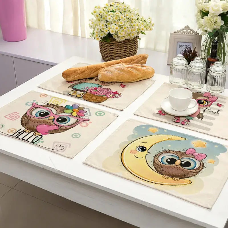 Cartoon cute owl animal dining table placemats set of 6 kitchen mats