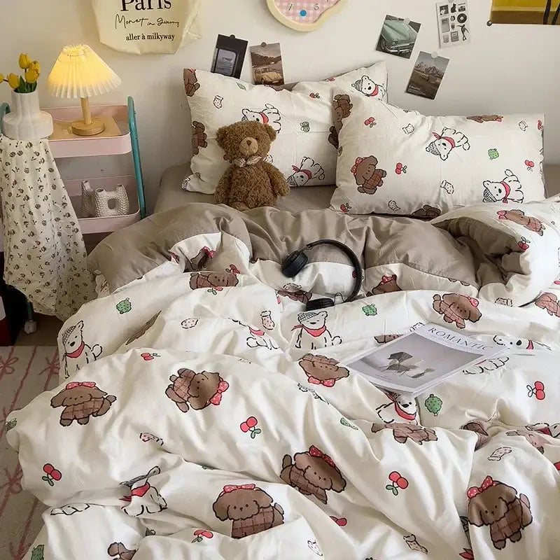 Cartoon dog printed cream comforter bedding set for bedroom
