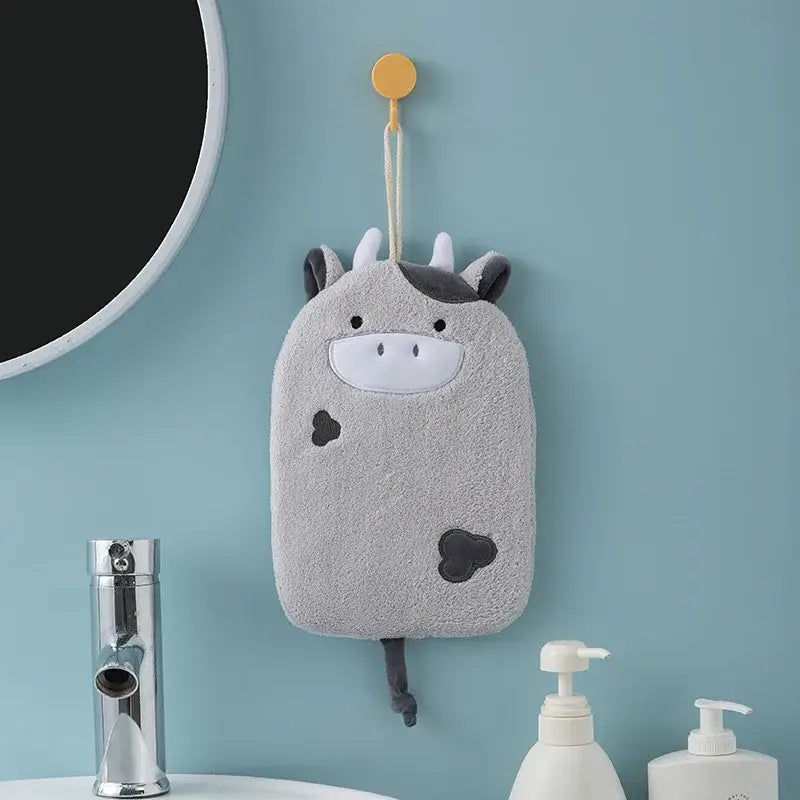 Cartoon embroidery hanging cow hand towel pink & gray kitchen mitt
