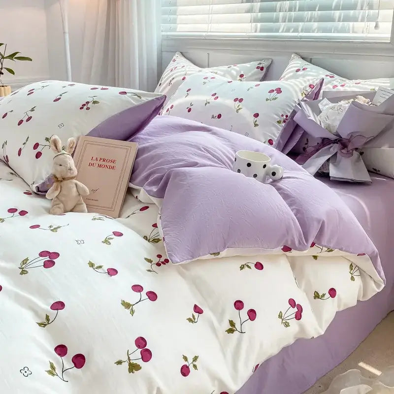 Cartoon heart floral cream and gray duvet set bedroom bedding