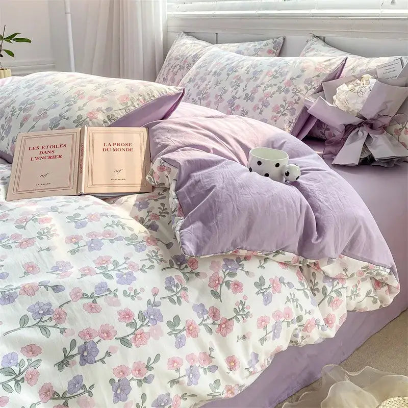 Cartoon heart floral cream and gray duvet set bedroom bedding