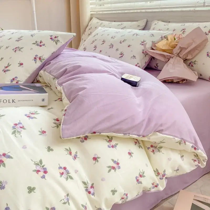 Cartoon heart floral cream and gray duvet set bedroom bedding