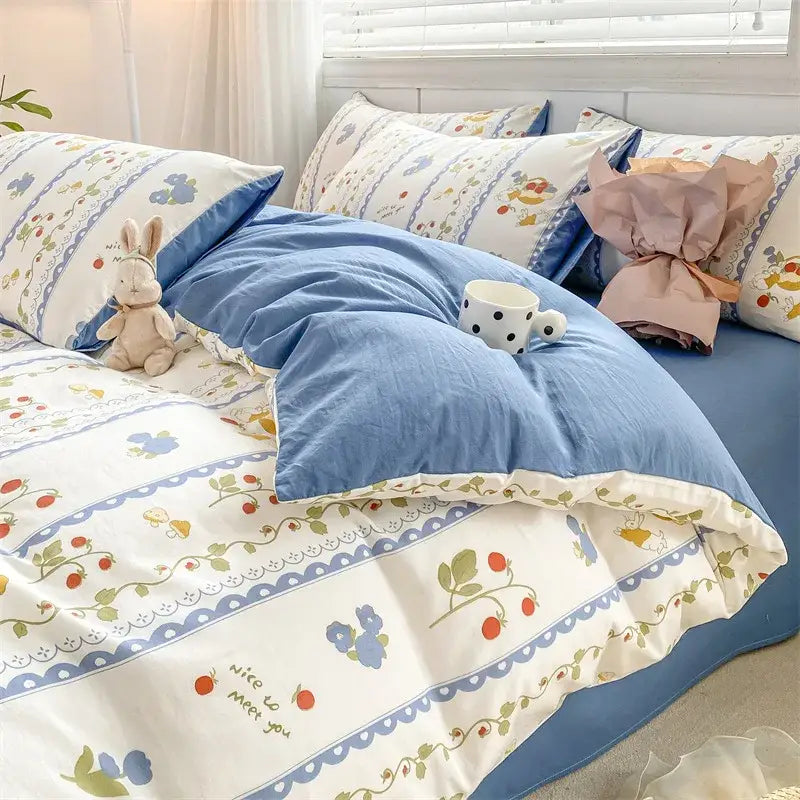 Cartoon heart floral cream and gray duvet set bedroom bedding