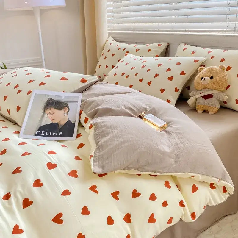 Cartoon heart floral cream and gray duvet set bedroom bedding