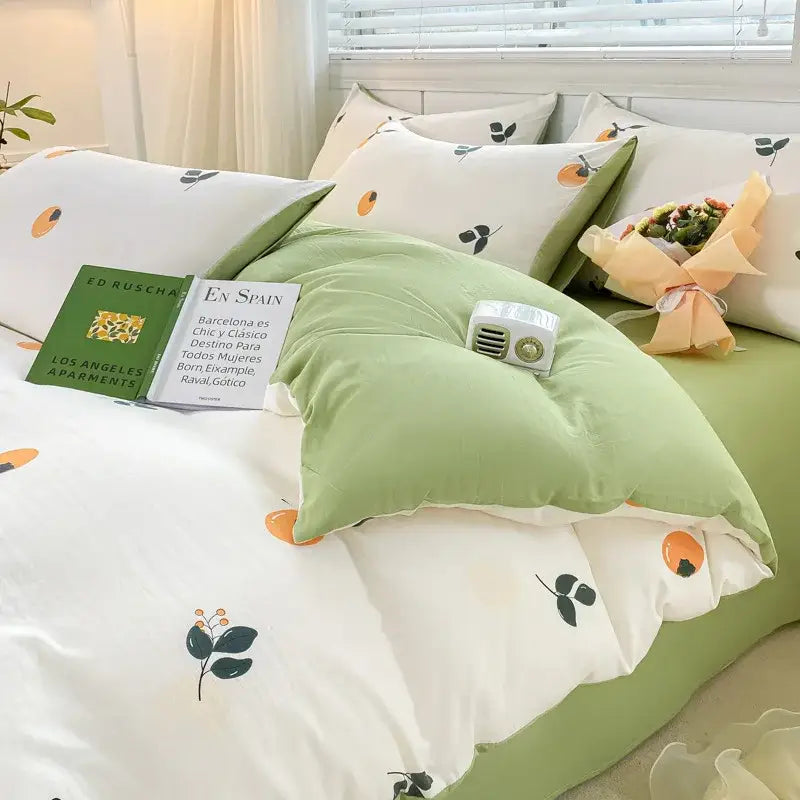 Cartoon heart floral cream and gray duvet set bedroom bedding