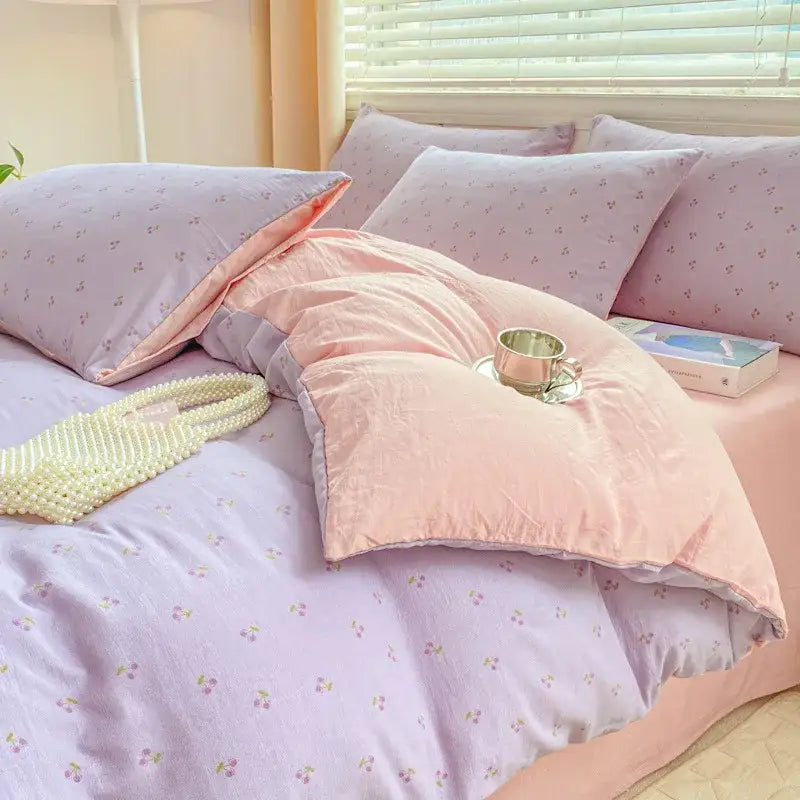 Cartoon heart floral cream and gray duvet set bedroom bedding
