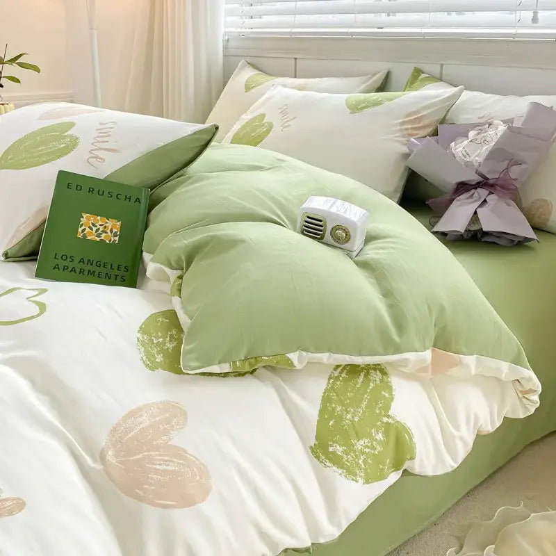 Cartoon heart floral cream and gray duvet set bedroom bedding