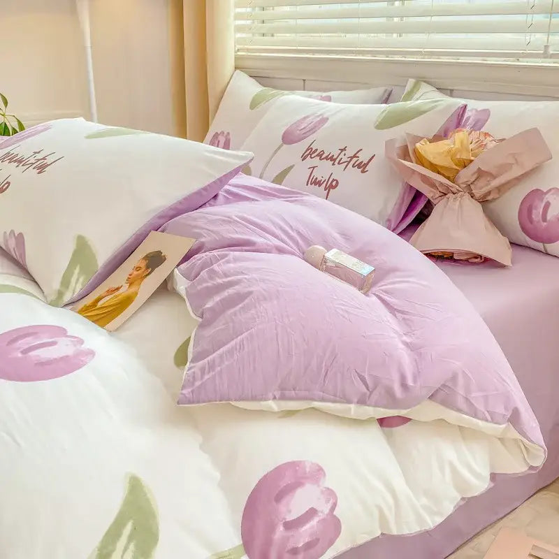 Cartoon heart floral cream and gray duvet set bedroom bedding