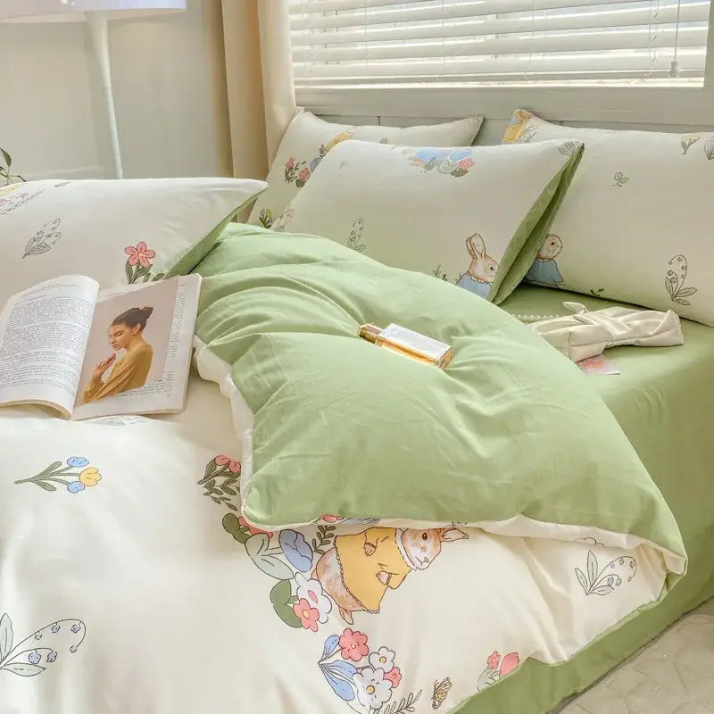 Cartoon heart floral cream and gray duvet set bedroom bedding