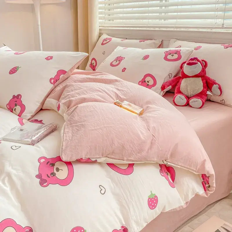 Cartoon heart floral cream and gray duvet set bedroom bedding