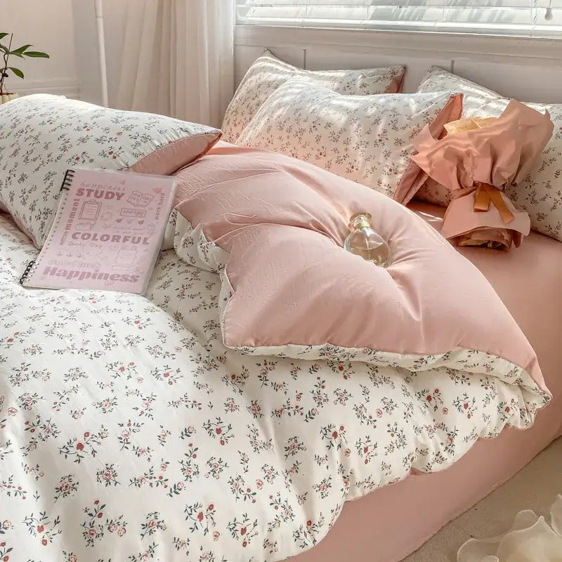 Cartoon heart floral cream and gray duvet set bedroom bedding