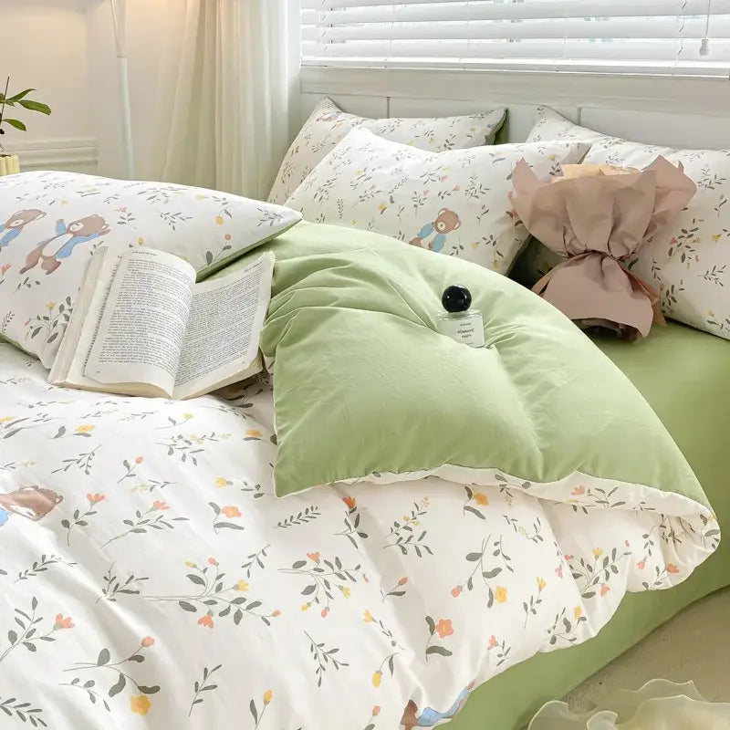 Cartoon heart floral cream and gray duvet set bedroom bedding