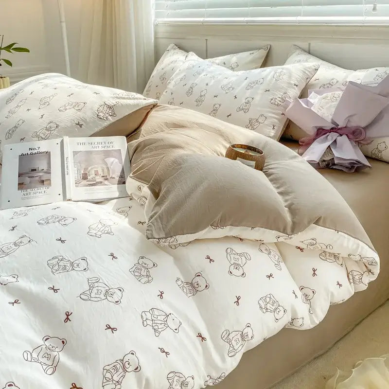 Cartoon heart floral cream and gray duvet set bedroom bedding