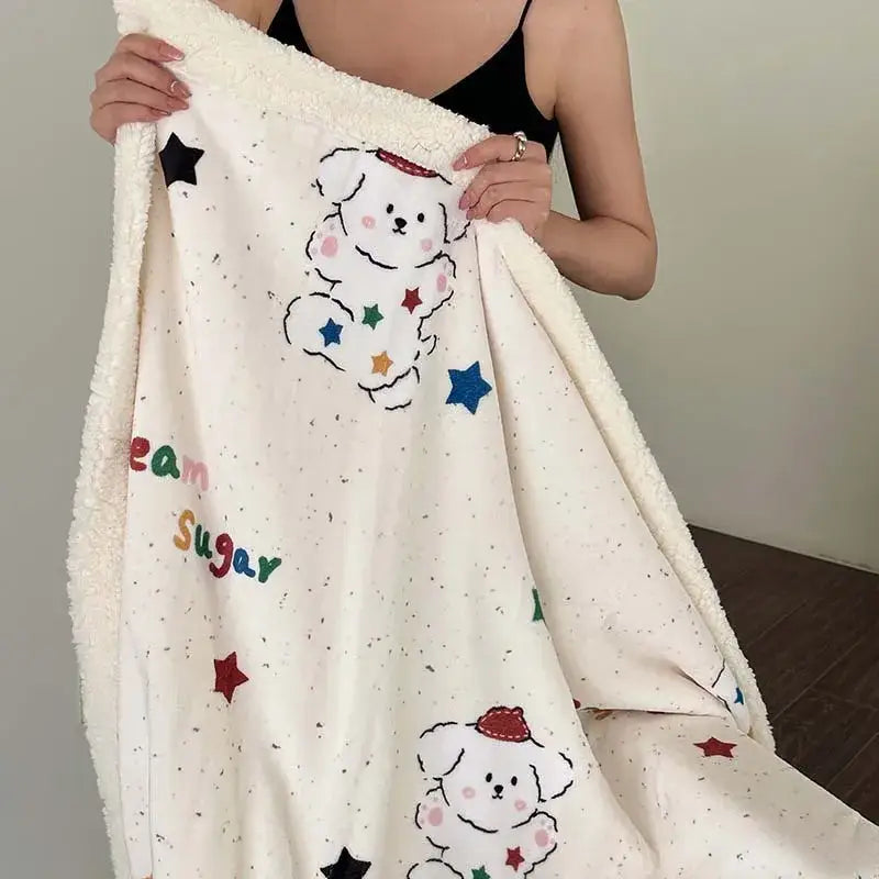Cartoon lamb wool blanket pink floral bedroom sofa cover