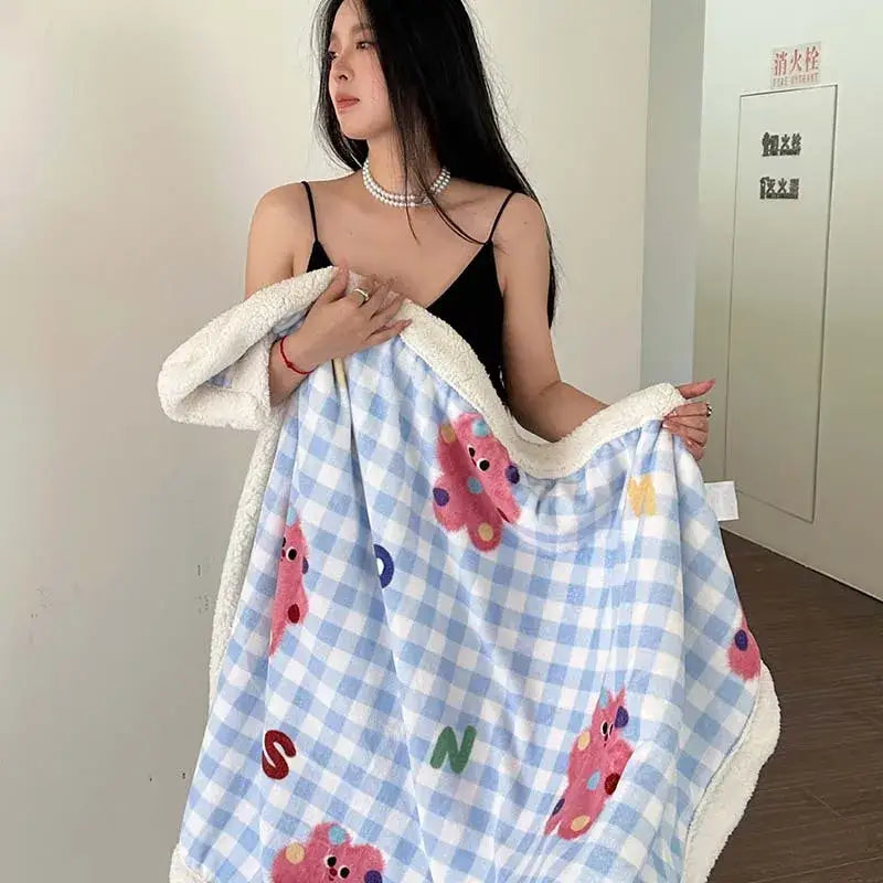 Cartoon lamb wool blanket pink floral bedroom sofa cover