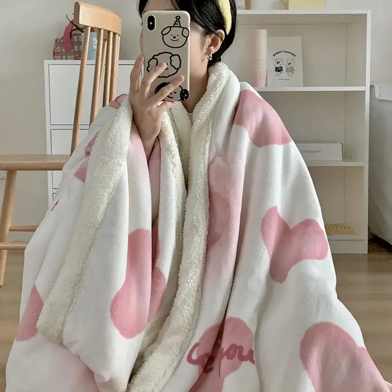 Cartoon lamb wool blanket pink floral bedroom sofa cover