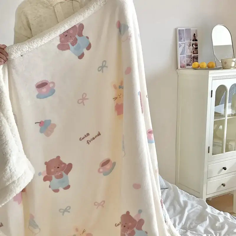 Cartoon lamb wool blanket pink floral bedroom sofa cover