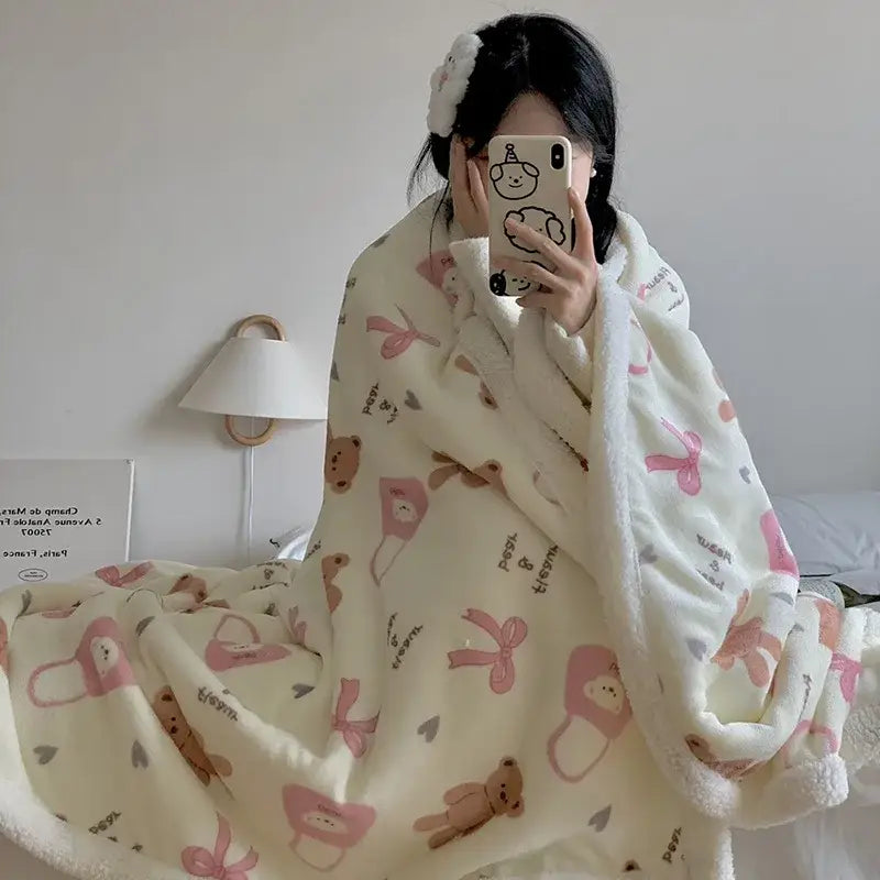 Cartoon lamb wool blanket pink floral bedroom sofa cover