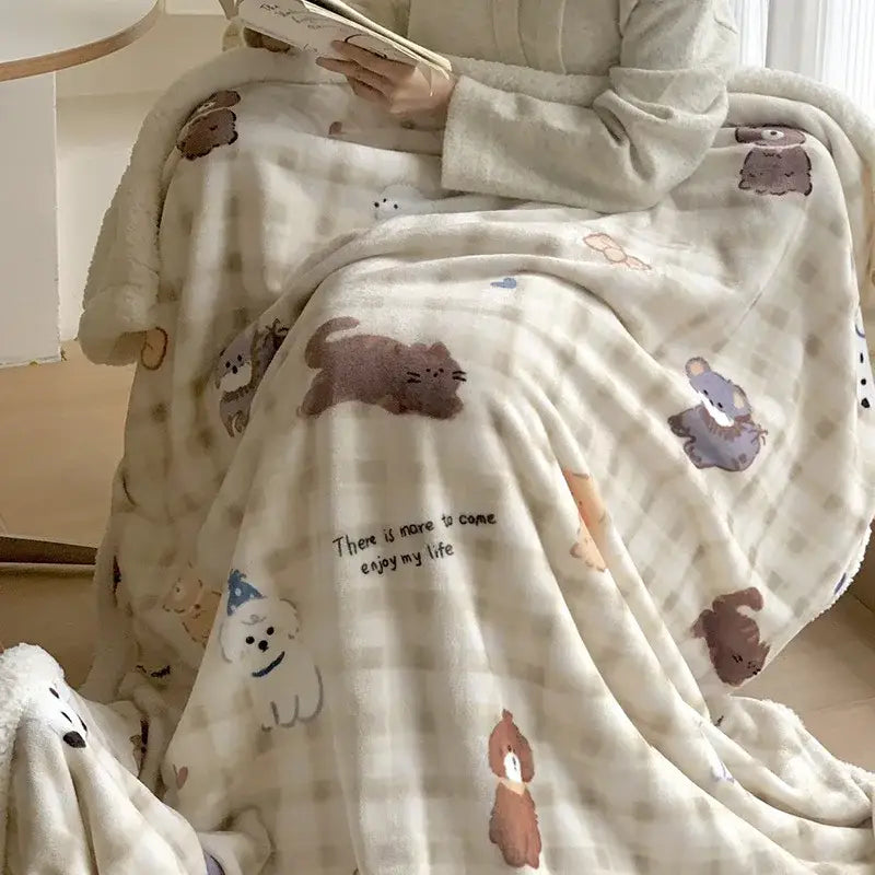 Cartoon lamb wool blanket pink floral bedroom sofa cover
