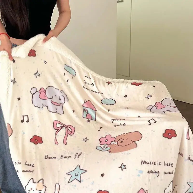 Cartoon lamb wool blanket pink floral bedroom sofa cover