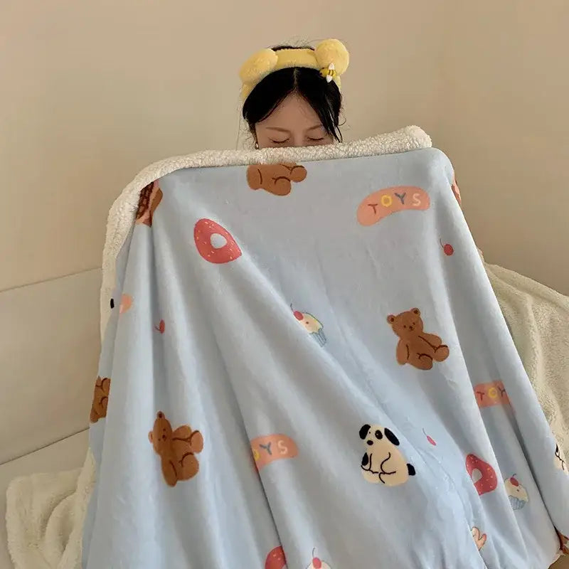 Cartoon lamb wool blanket pink floral bedroom sofa cover