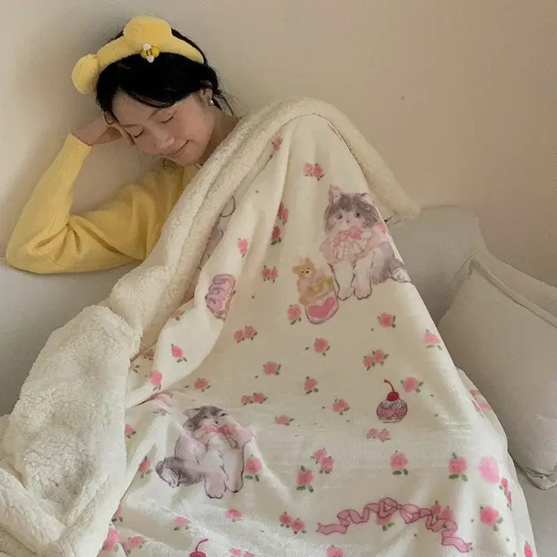 Cartoon lamb wool blanket pink floral bedroom sofa cover