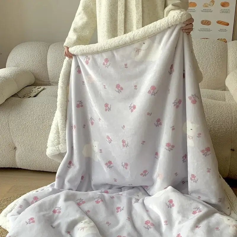 Cartoon lamb wool blanket pink floral bedroom sofa cover