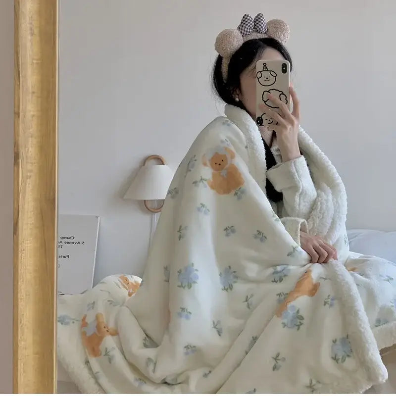 Cartoon lamb wool blanket pink floral bedroom sofa cover