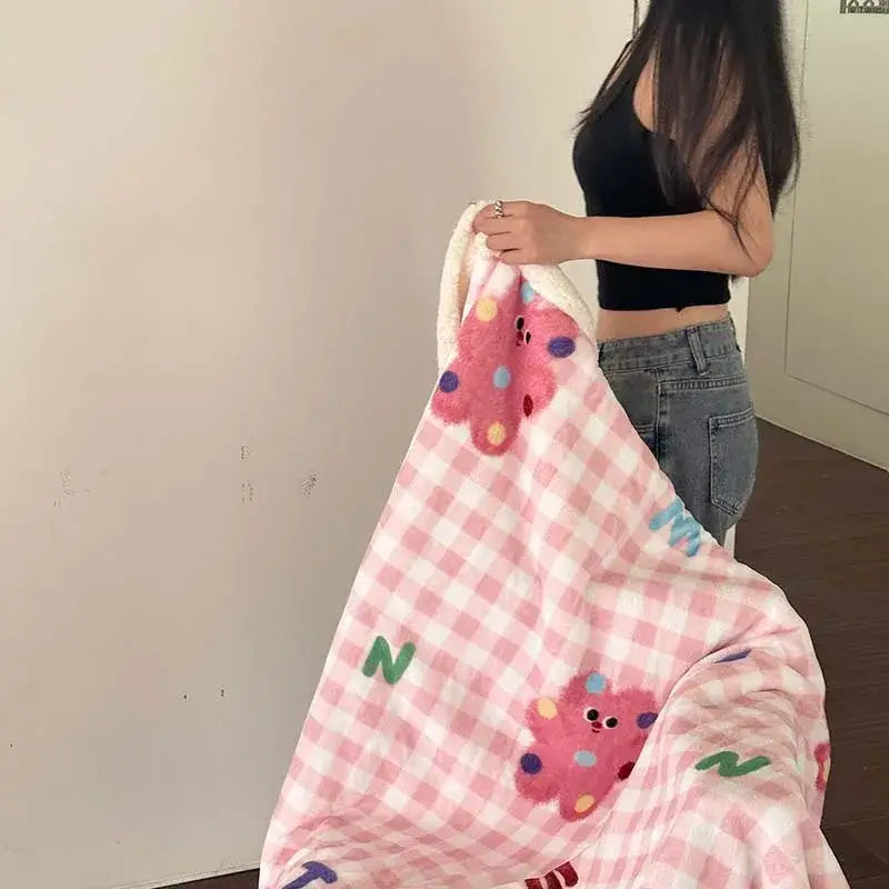 Cartoon lamb wool blanket pink floral bedroom sofa cover