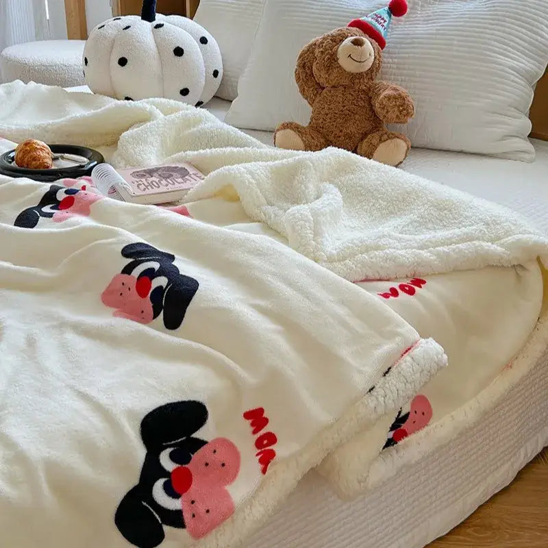 Cartoon lamb wool panda blanket cream & green bedroom throw