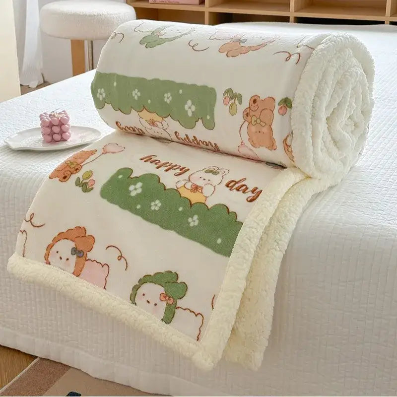 Cartoon lamb wool panda blanket cream & green bedroom throw