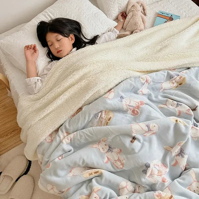 Cartoon lamb wool panda blanket cream & green bedroom throw