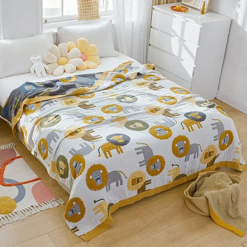 Cartoon lion cotton throw blanket yellow & gray bedroom decor