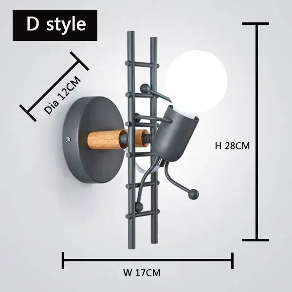 Cartoon matchstick man wall lamp black metal sconce for kids room