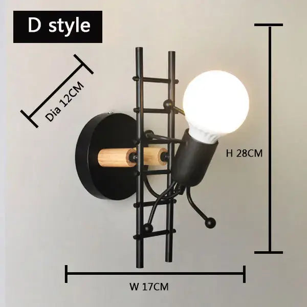 Cartoon matchstick man wall lamp black metal sconce for kids room