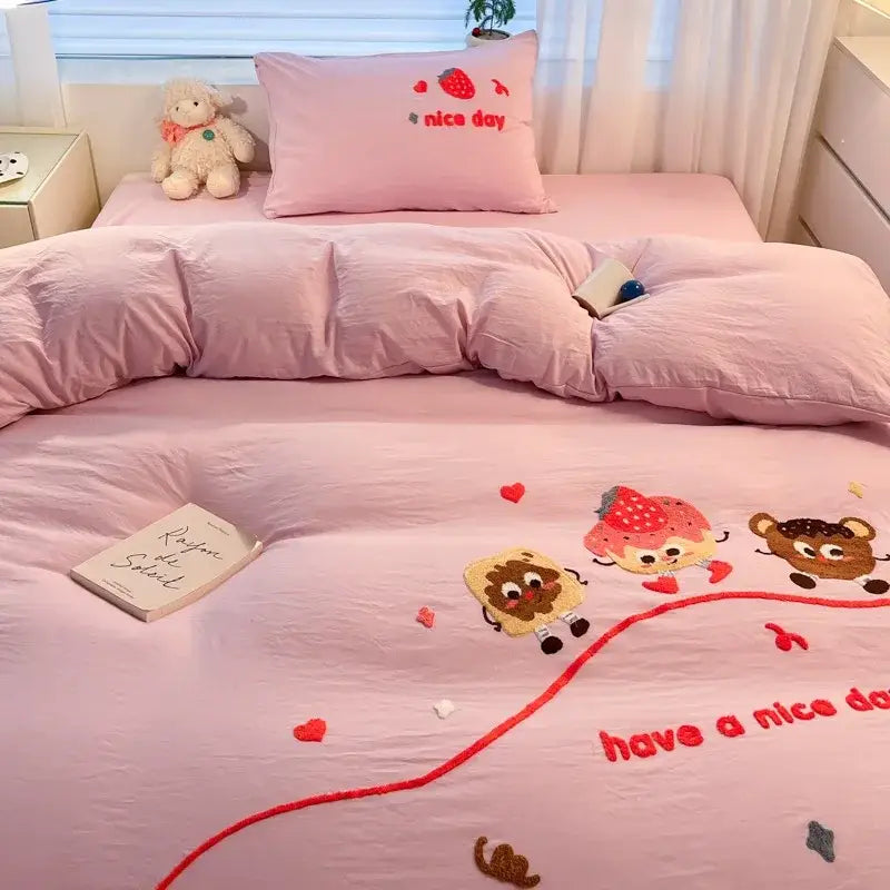 Cartoon pattern embroidered cream bedding sets bedroom decor luck