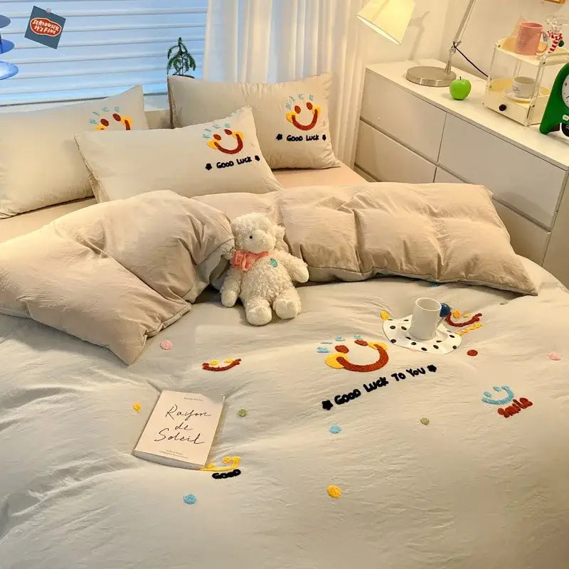 Cartoon pattern embroidered cream bedding sets bedroom decor luck