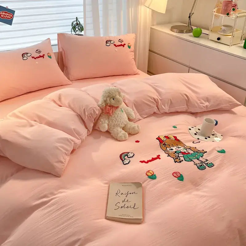 Cartoon pattern embroidered cream bedding sets bedroom decor luck